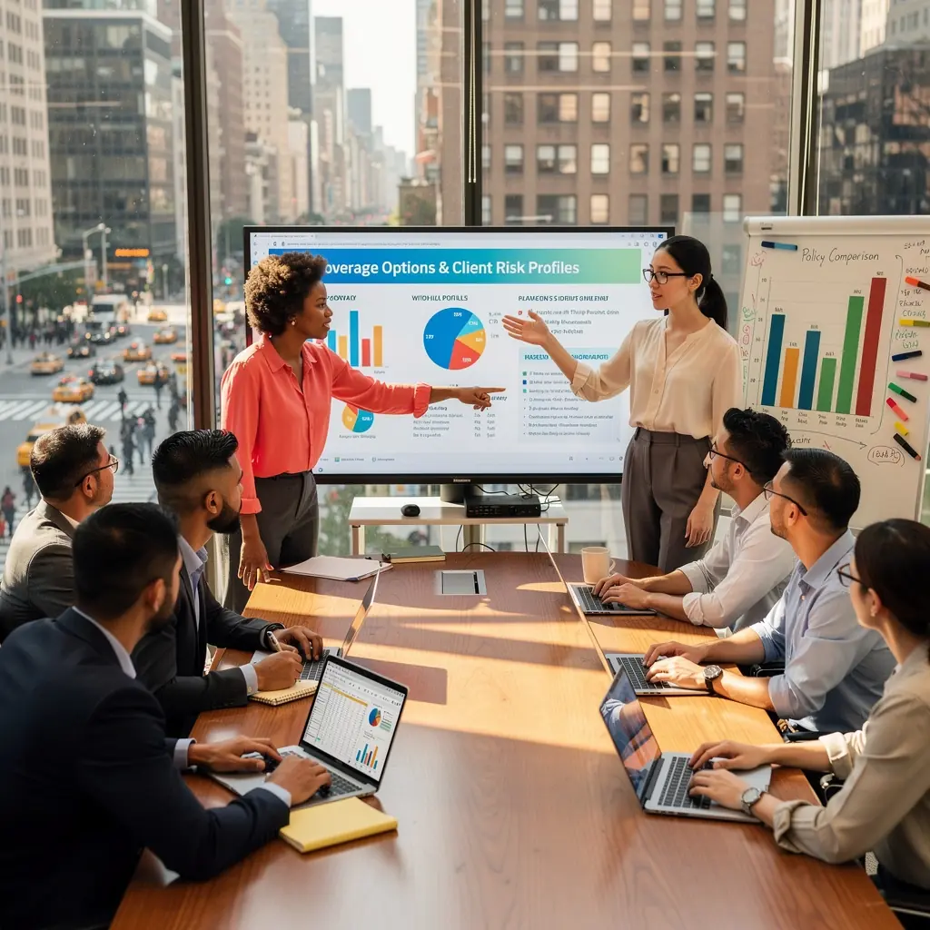 Zdjęcie przedstawiające grupę ludzi analizujących oferty ubezpieczeń samochodowych przy biurku.